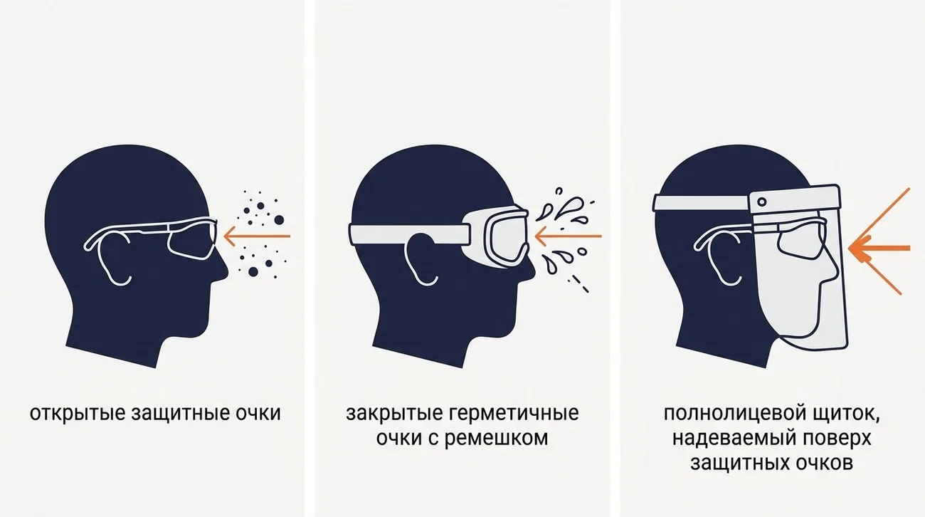 Схема: типы защитных очков и от каких опасностей они защищают